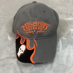 Vintage Monster Garage Hat Cap Strap Back Gray Embroidered Flames Skull Mens 00s
